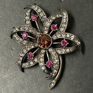 Vintage MCM Flower Pink and Amber Rhinestone Antiqued Gold Tone Brooch